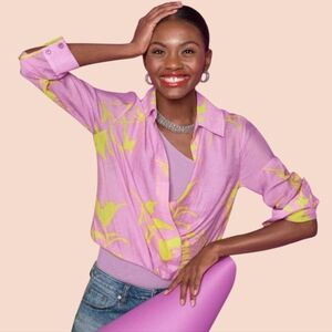 🔥CABI Tropical Orchid Drift Top 645 Pink/Yellow Floral‎ Lyocell Blend Blouse  S